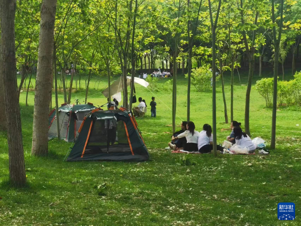 河北鸡泽县诗经公园的绿地吸引群众前来休闲娱乐.新华社记者 王昆 摄