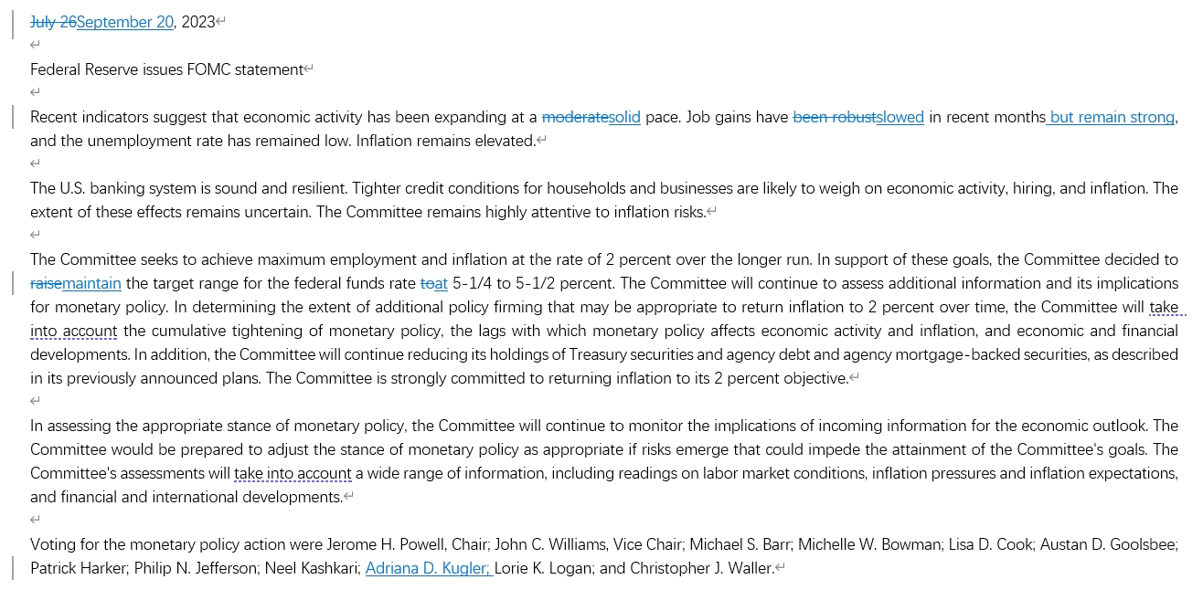 （两份FOMC决议对比，图片来源：美联储）