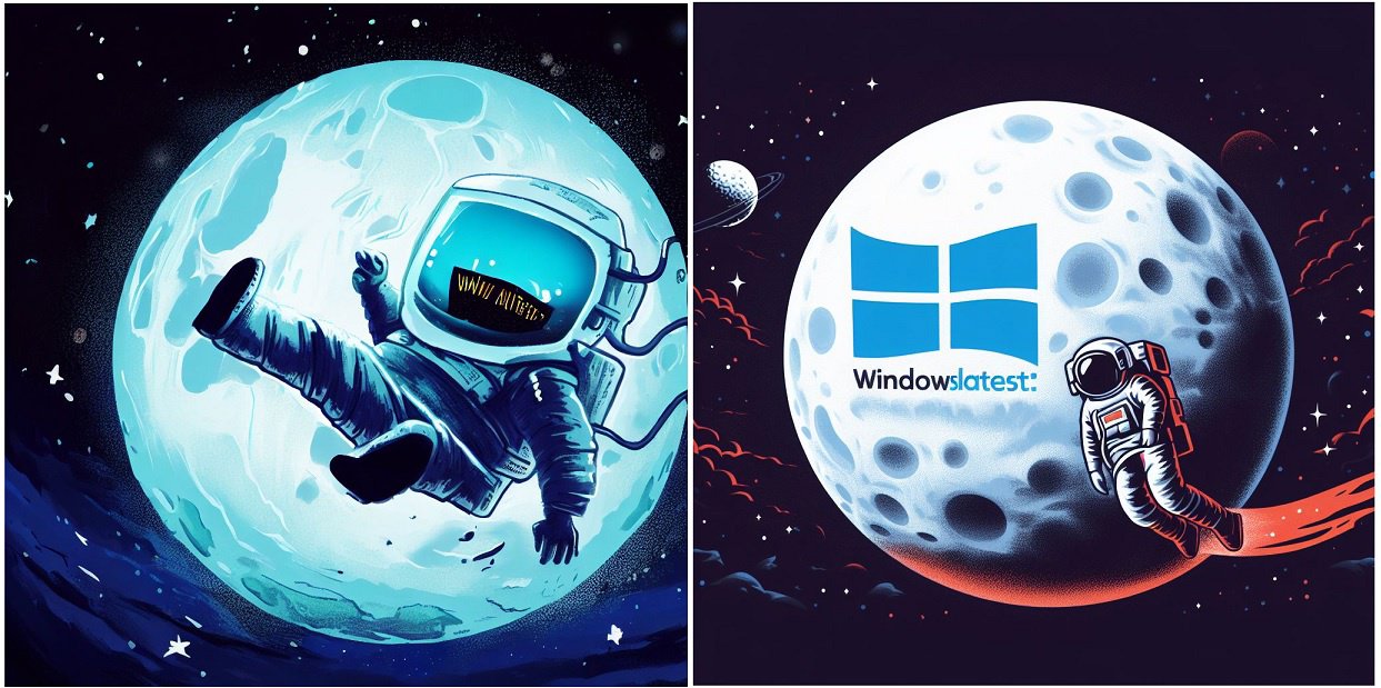 提示词为“一幅宇航员在太空中绕月飞行的插图。月球上有‘WindowsLatest.com’文本”。