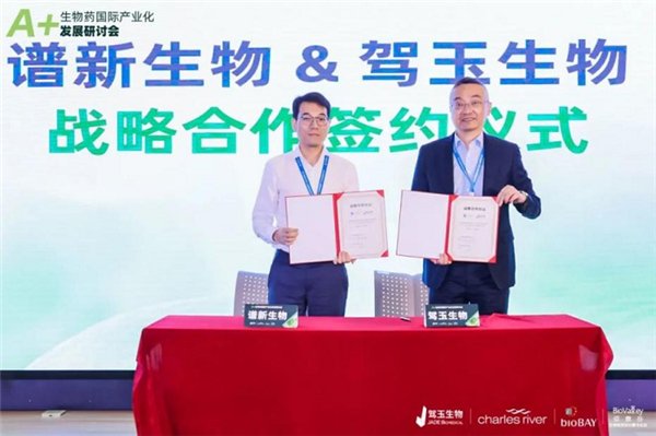谱新生物 首席商务官 李永锋 （左）与驾玉生物 首席商务官 王亚伟（右）
