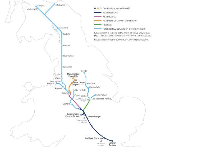 注：深蓝线为第一阶段伦敦至伯明翰的高铁线，橙线为至曼彻斯特的高铁支线