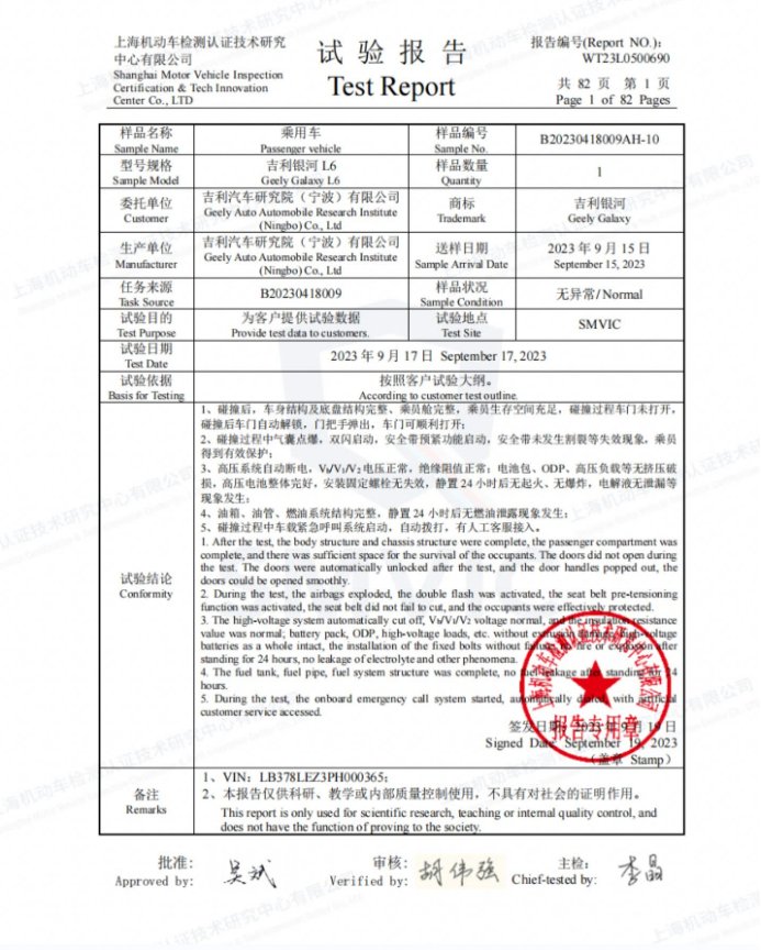 吉利银河l6三车高速连环"魔鬼碰"试验报告. 吉利汽车供图 华龙网发