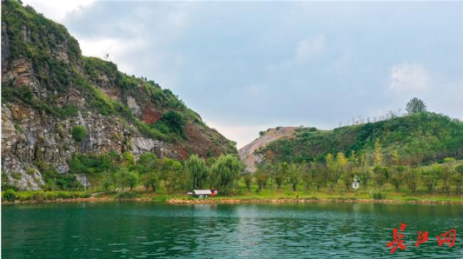 灵山矿坑湖岸边绿树葱茏。长江网记者吕诗文 摄