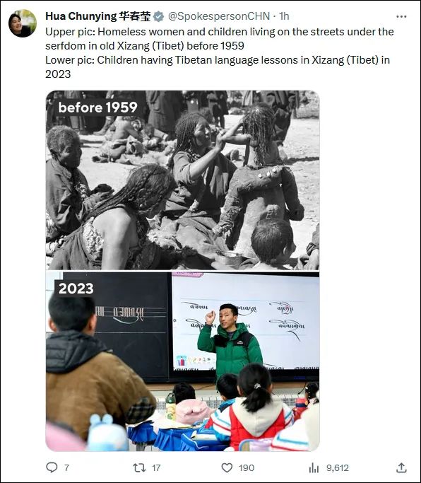 “上图：1959年前旧西藏农奴制下，街道上无家可归的妇女儿童。下图：2023年的西藏，正在上藏语课的孩子们。”