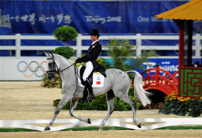 当日,中国骑手华天在香港参加北京奥运会马术比赛三项赛盛装舞步赛,这