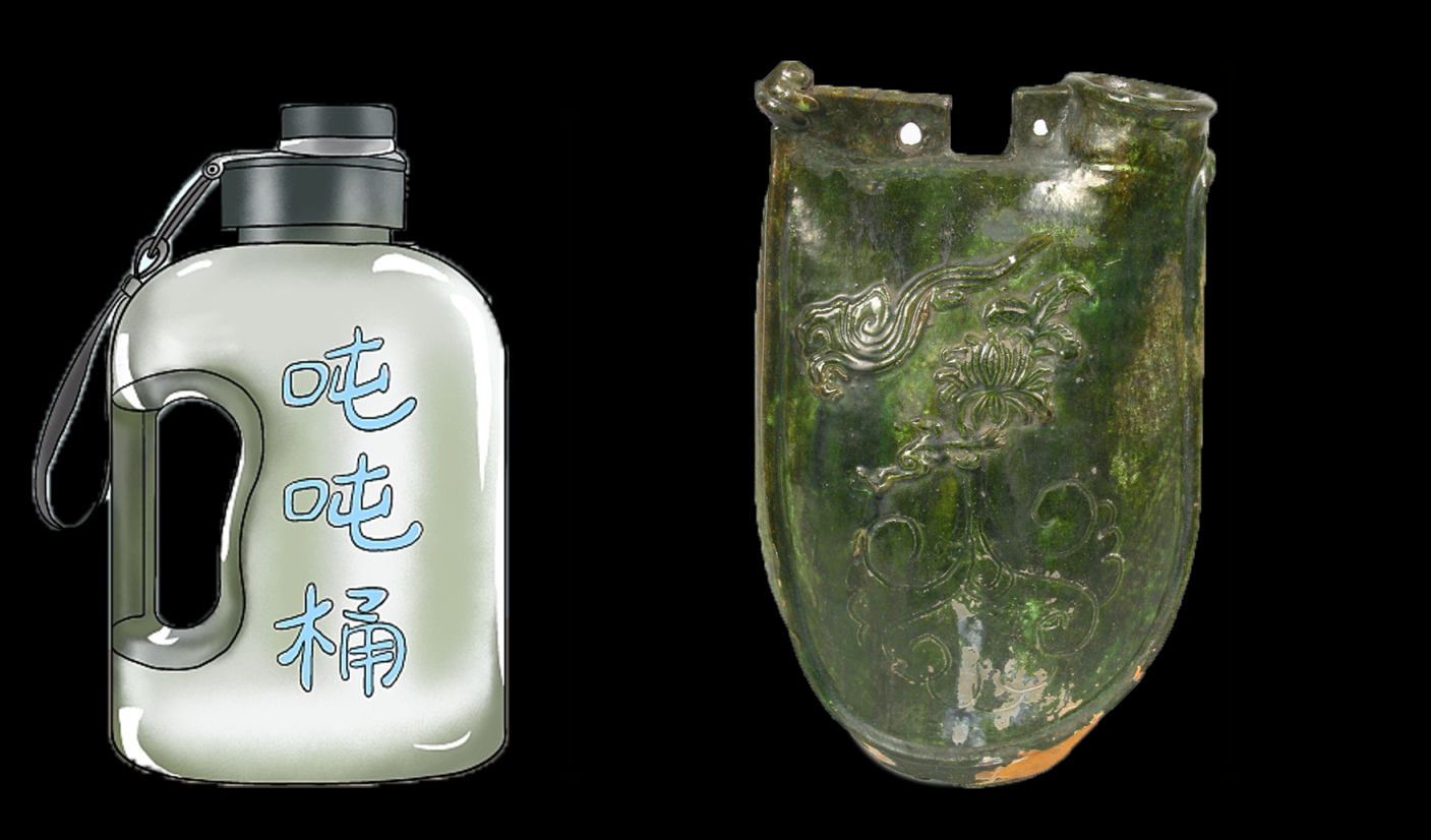 右侧为辽绿釉贴团龙菊花纹双孔鸡冠壶 辽宁省博物馆藏