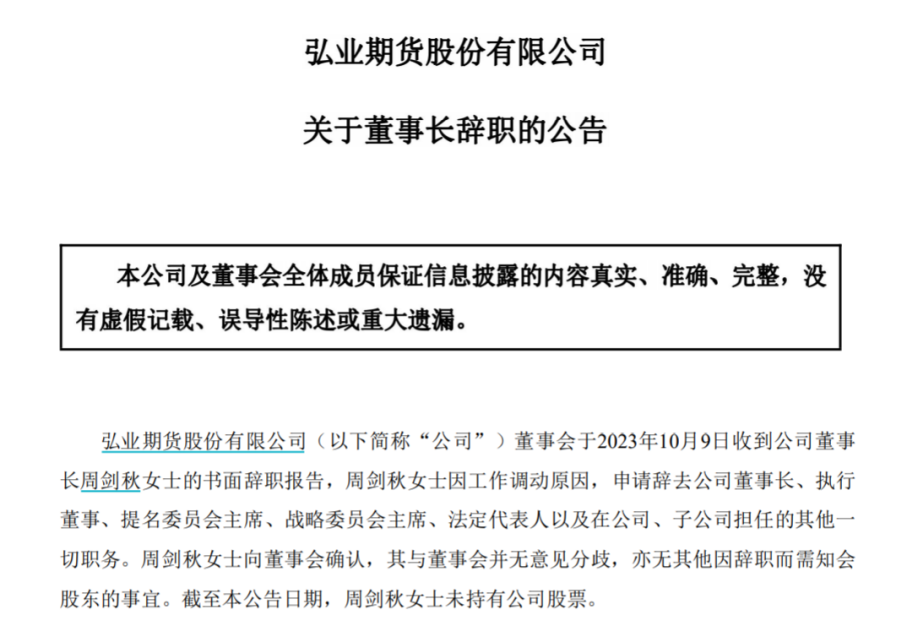 升任董事长仅一年，从业24年“期货女将”辞职，弘业期货去年净利锐减超七成，年内股价跌近10%