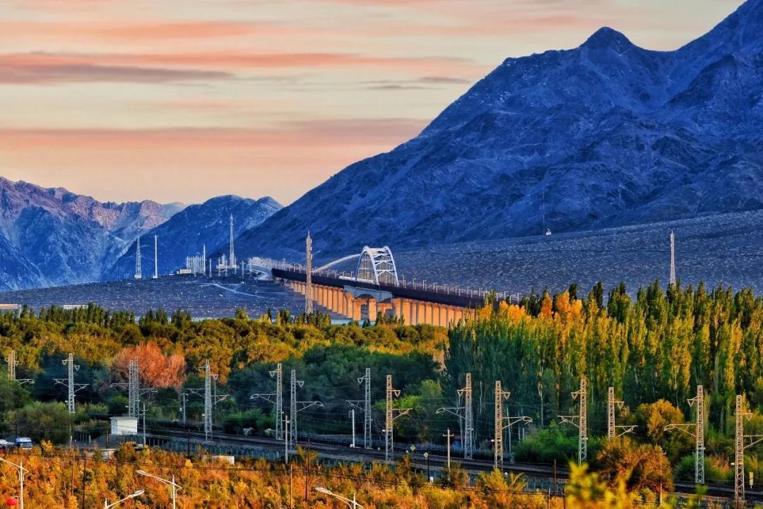 动车组列车驶过达坂城湿地.摆风亮摄