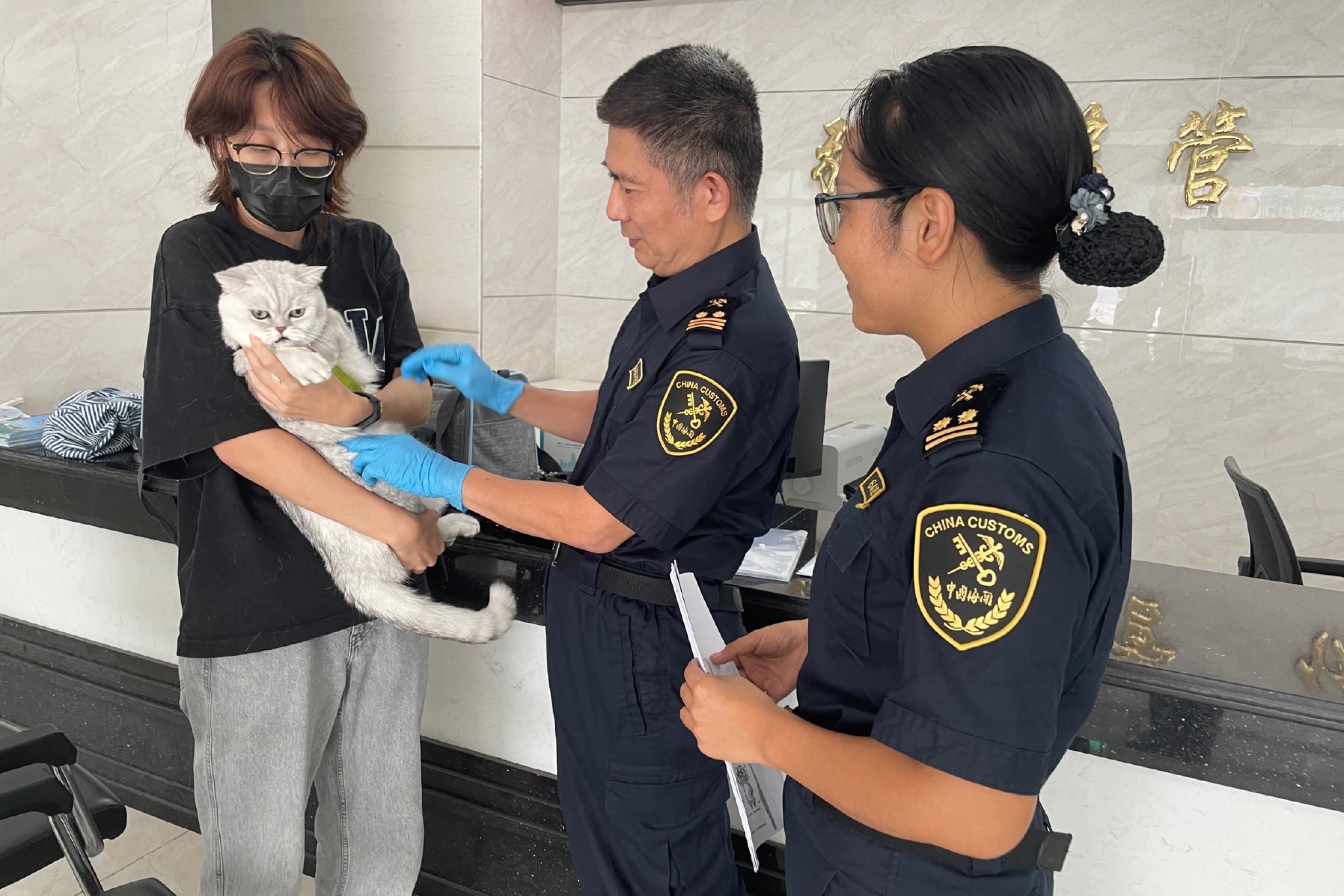 海关工作人员对宠物进行现场检疫.海口海关供图