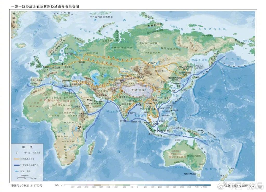 "一带一路"经济走廊及其途经城市分布地势图