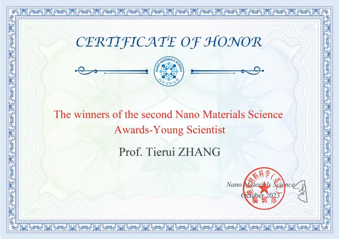 张铁锐获第二届纳米材料科学青年科学家奖