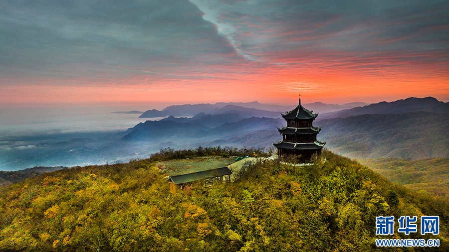 近日,秋风起,秋雨过,陕西省汉中龙头山景区,云雾缭绕,红叶分外妖娆,一