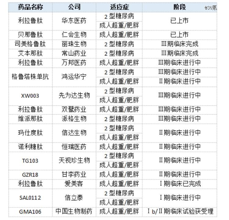 部分中国药企“减肥药”进展；36氪根据公开资料整理制表