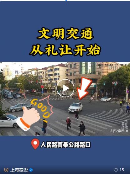 机动车礼让行人,给奉贤这些好车主点个赞!