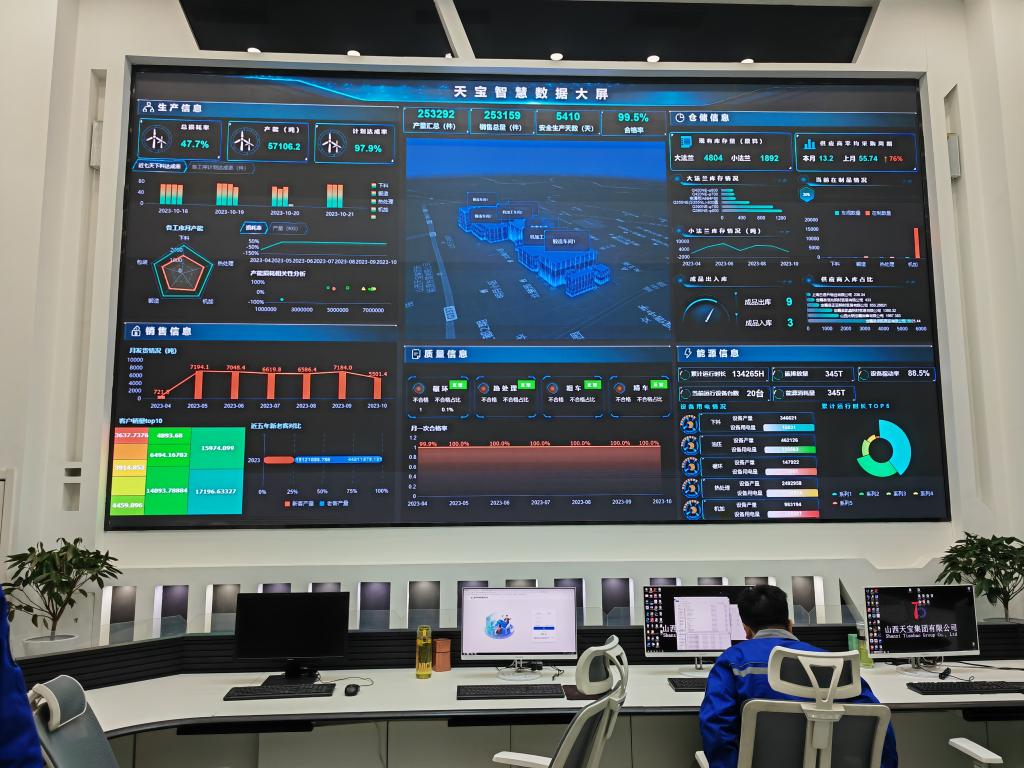 山西天宝集团的智慧数据大屏，企业生产和能源数据一目了然。新华社记者梁晓飞　摄