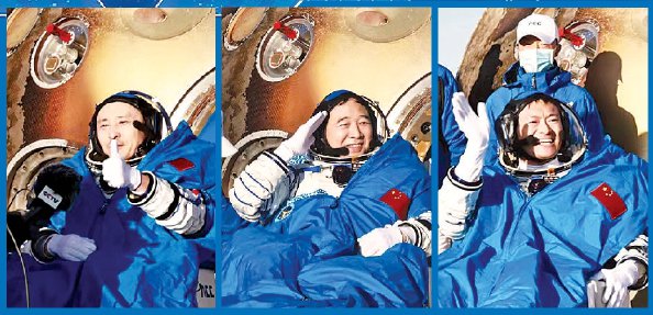 航天员景海鹏(中),朱杨柱(左),桂海潮(右)安全顺利出舱 新华社记者