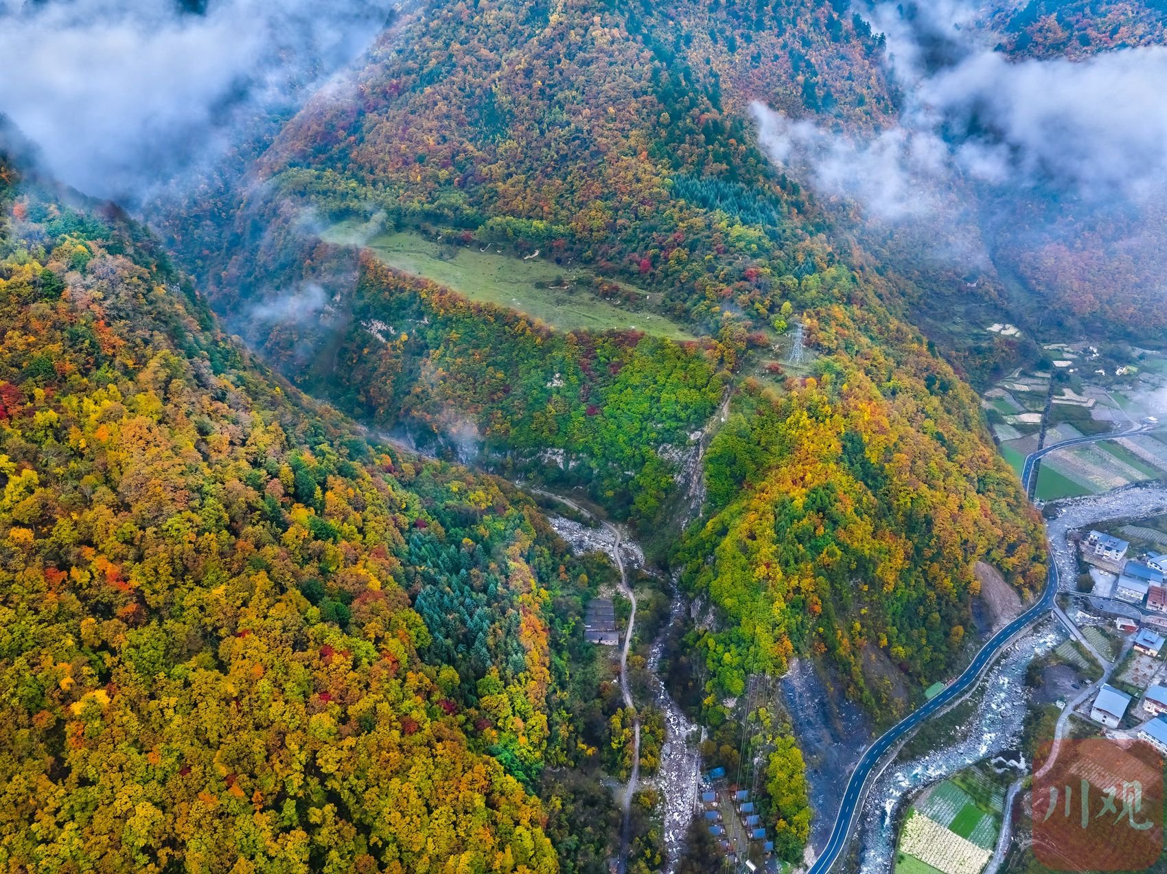 十月下旬,阿坝州理县孟屯河谷在秋天的晨雾中醒来了.