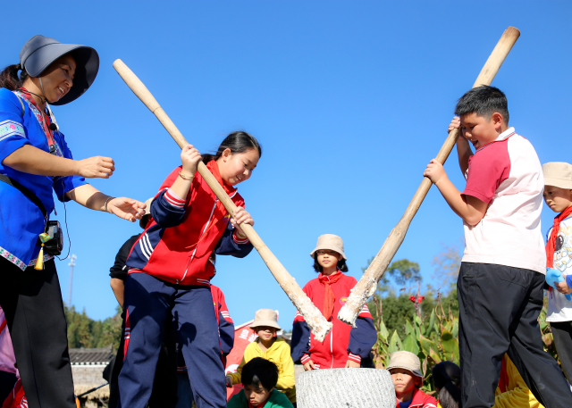 学生在打糍粑,体验当地民族特色通讯员 粟明辉 摄