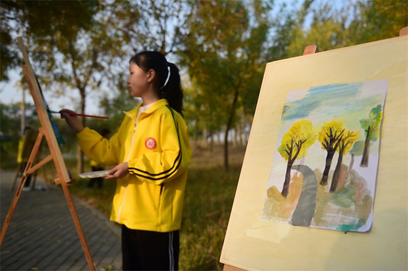 11月3日,盐山县新华小学的学生在户外绘画.新华社发(傅新春 摄)