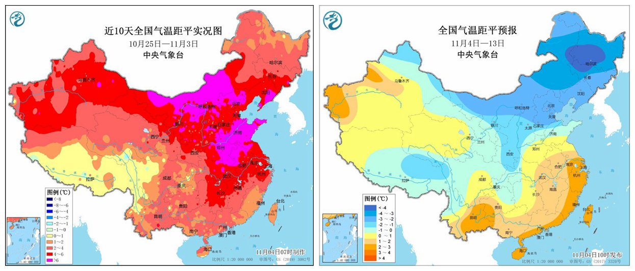 过去十天全国气温距平图vs未来十天气温距平图.从暖热到偏冷.