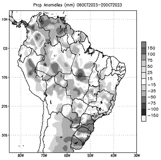 图为巴西降水量监测（单位：毫米）