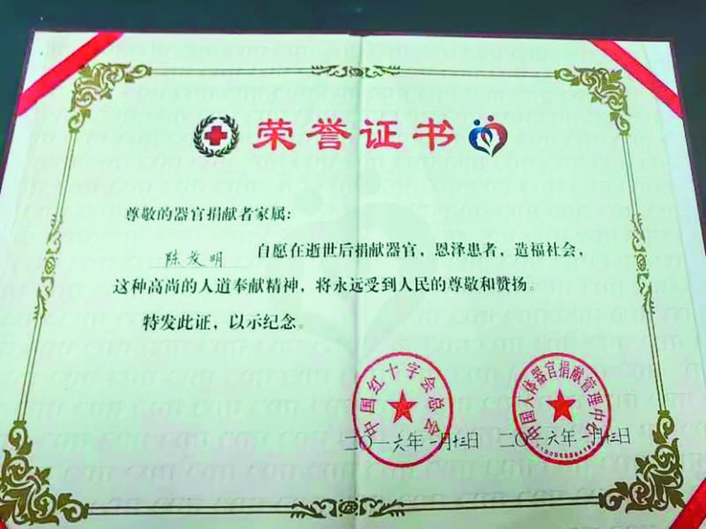 陈发明的器官捐献荣誉证书 受访者供图