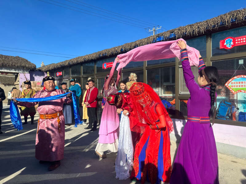 11月6日,在蒙古族婚礼上,揭开纱帐迎娶新娘.