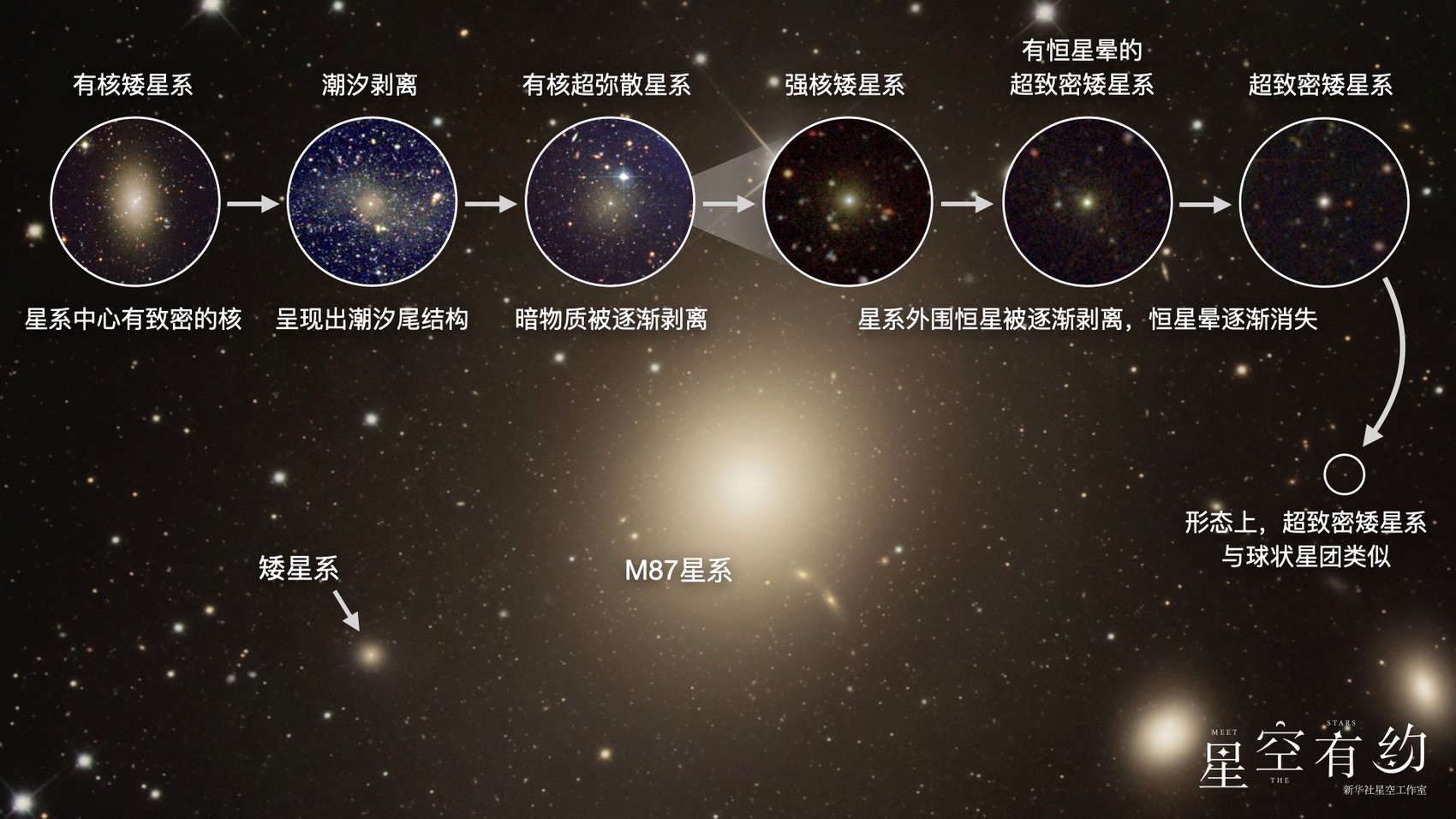 图为观测得到的从正常矮星系被瓦解形成超致密矮星系的各阶段示意图.