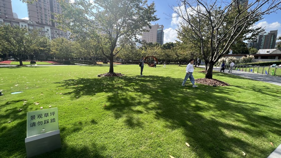 静安雕塑公园的大草坪上,不时有行人到草坪上拍照 谢飞君摄
