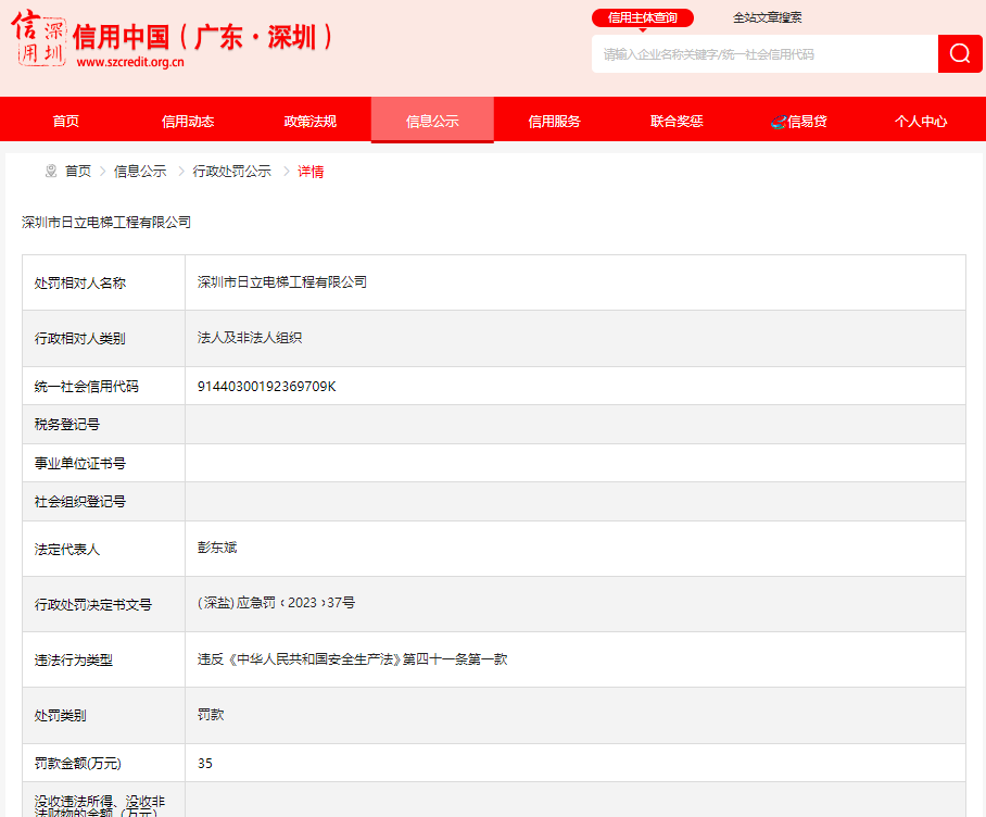 对事故发生负有责任 日立电梯旗下深圳市日立电梯工程有限公司被罚35