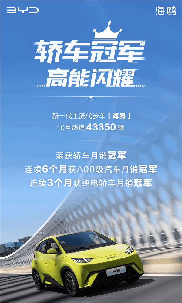 比亚迪海鸥10月狂卖43350辆 强势夺得中国轿车单月销冠