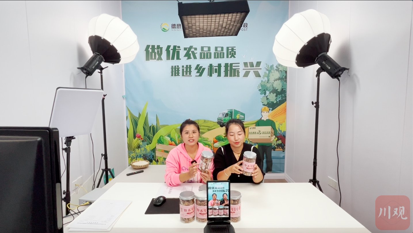 仪陇县马鞍镇琳琅村电商主播胡小琴(左)借用邻村的直播间做网络直播.