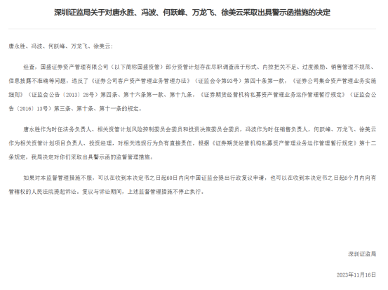 图为深圳证监局对国盛资管时任有关责任人出具罚单