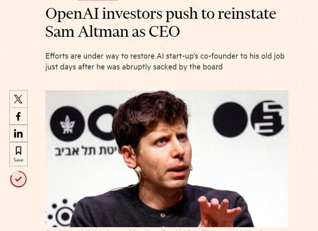 英媒：OpenAI投资者正努力解散该公司董事会，并让萨姆·奥特曼重任CEO插图