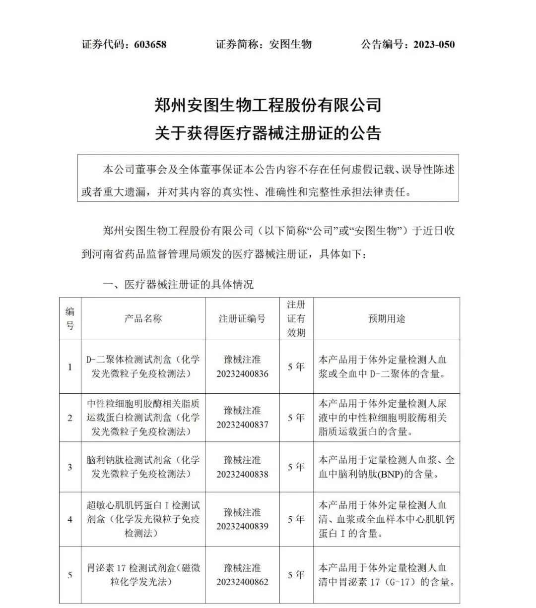 安图生物5项化学发光产品取得医疗器械注册证|新冠肺