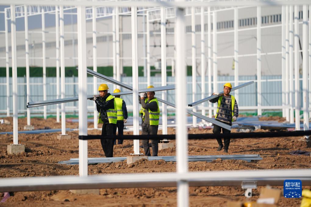 工人在进行饶阳县农村产业融合发展示范园项目施工(11月20日摄).