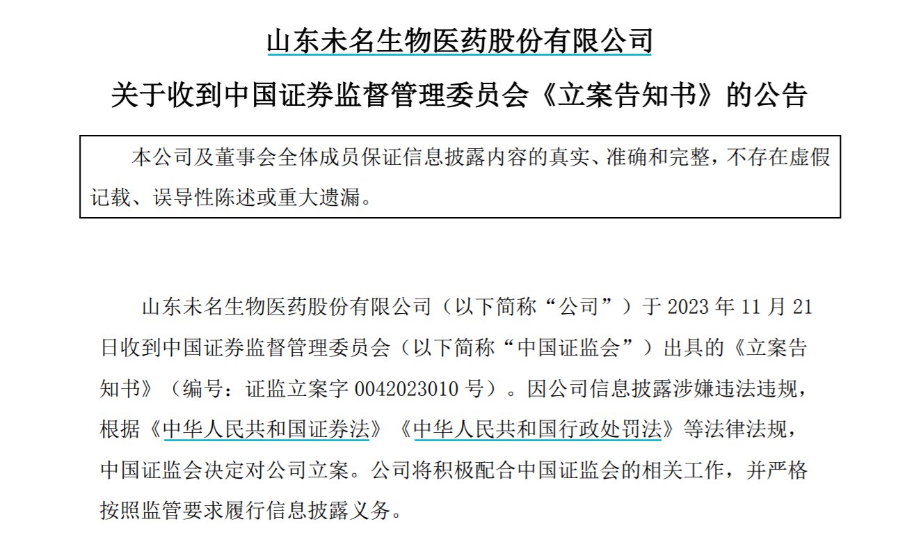 未名医药信披涉嫌违法违规被证监会立案