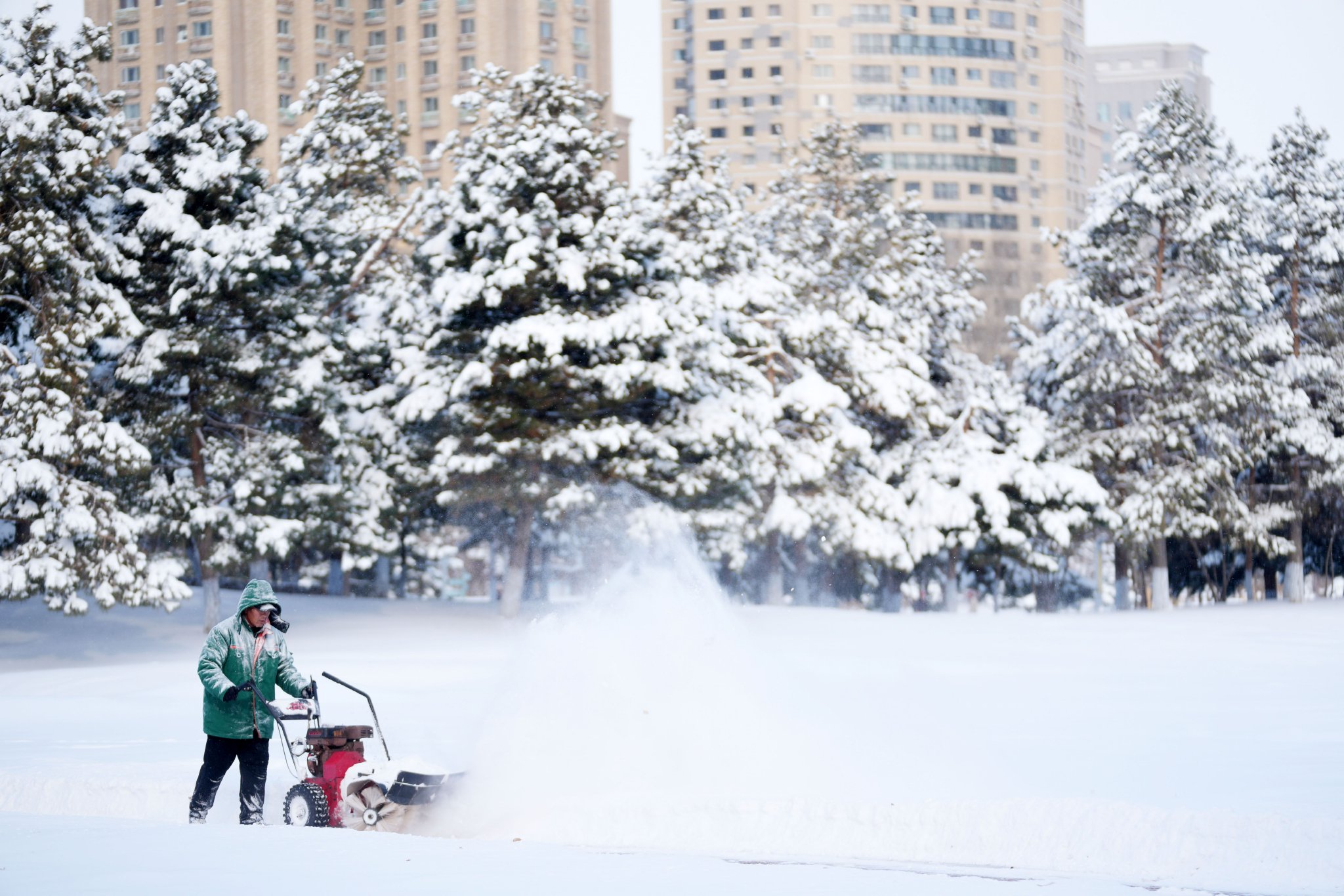 11月23日,在哈尔滨市湘江公园,工作人员在清理积雪.