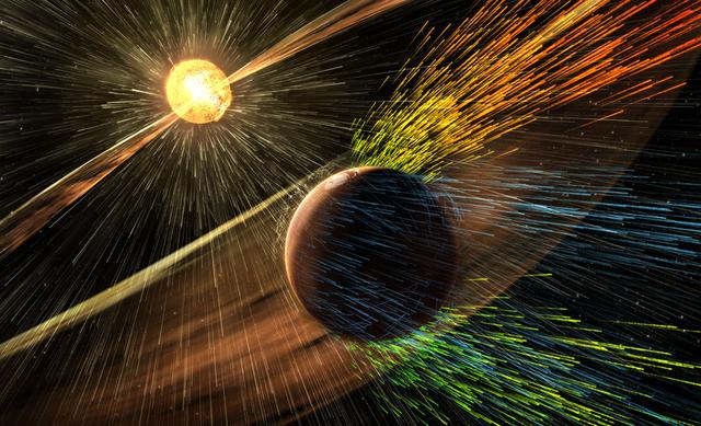 太阳发出的带电粒子穿过地球(示意图)