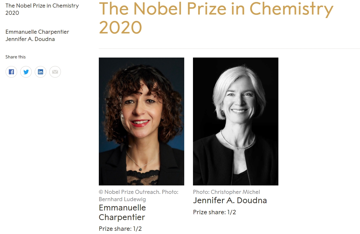 （2020年诺贝尔化学奖由沙尔庞捷与美国科学家道德纳共享，来源：诺贝尔奖官网）