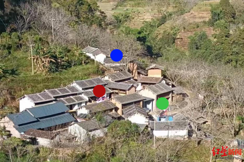 ▲红点为自先生发小家区域，绿点为成成消失的空地区域，蓝点为钟某家区域