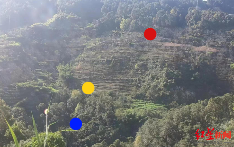▲红点为成成消失的村落区域，蓝点为拖鞋和剑柄发现区域，黄点为鞋印发现区域