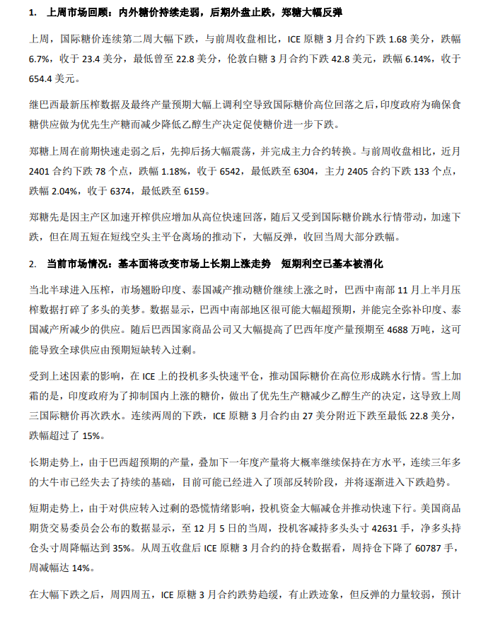 周末糖评：内外盘大跌之后可能进入整理或反弹