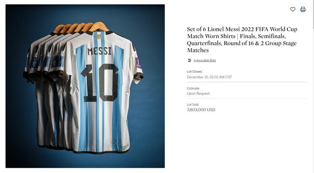 梅西在2022年卡塔尔世界杯期间穿过的六件球衣以780.3万美元的价格拍卖成功。 图/苏富比拍卖行官网