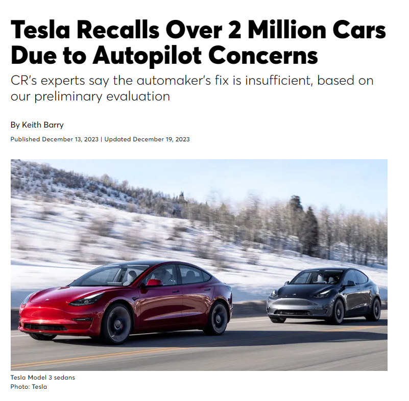 美《消费者报告》：特斯拉为 200 万辆召回车辆提供的软件修复仍不够充分