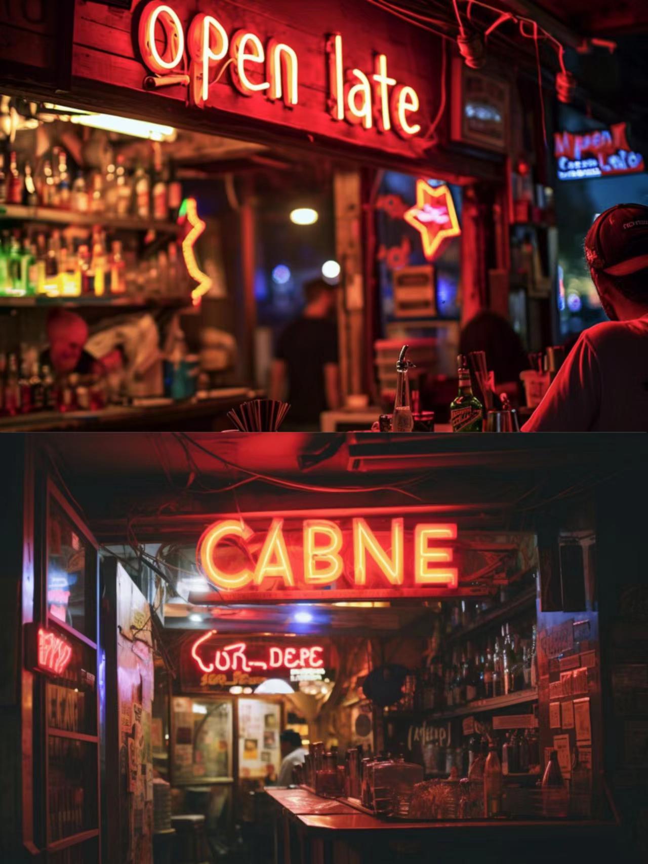 主要提示词：街角酒吧的霓虹灯上写着“营业至深夜”