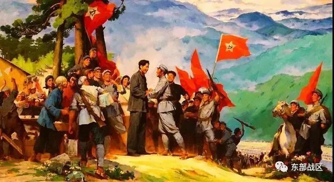 ▲1928年4月28日，朱德、陈毅率领的湘南起义部队与毛泽东领导的井冈山工农革命军在宁冈砻市胜利会师。