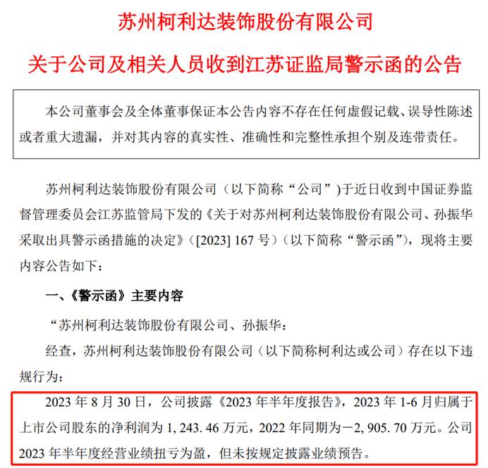 图3：柯利达及相关人员收到江苏证监局警示函的公告截图