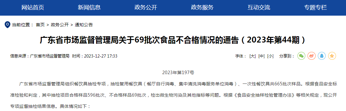 廣東省市場監督管理局關於69批次食品不合格情況的通告(2023年第44期