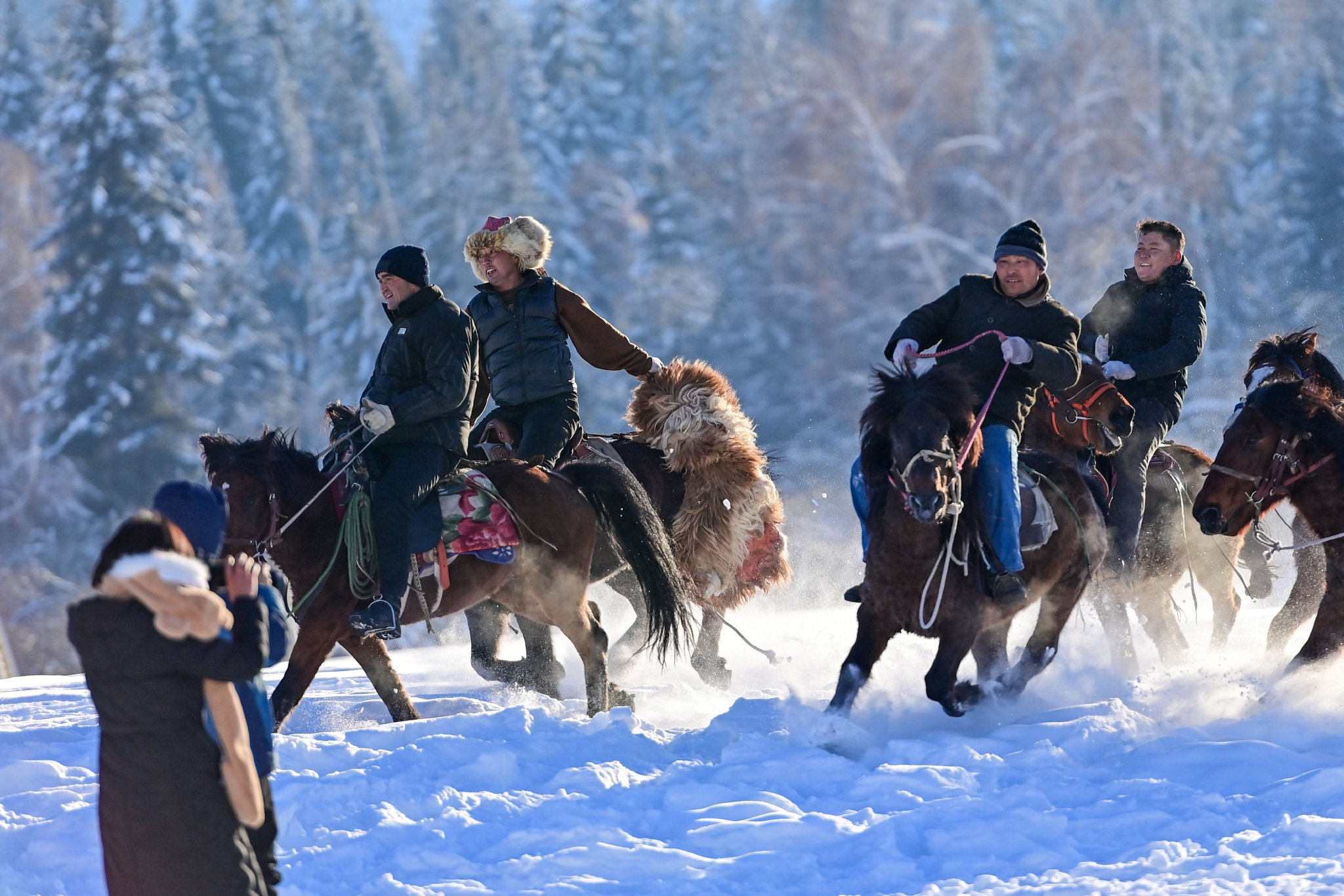 富蕴县拉开帷幕精彩的少数民族传统体育项目"雪地叼羊""姑娘追"引起